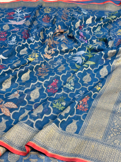 Royal Teal Banarasi cotton Jamdani handloom Saree