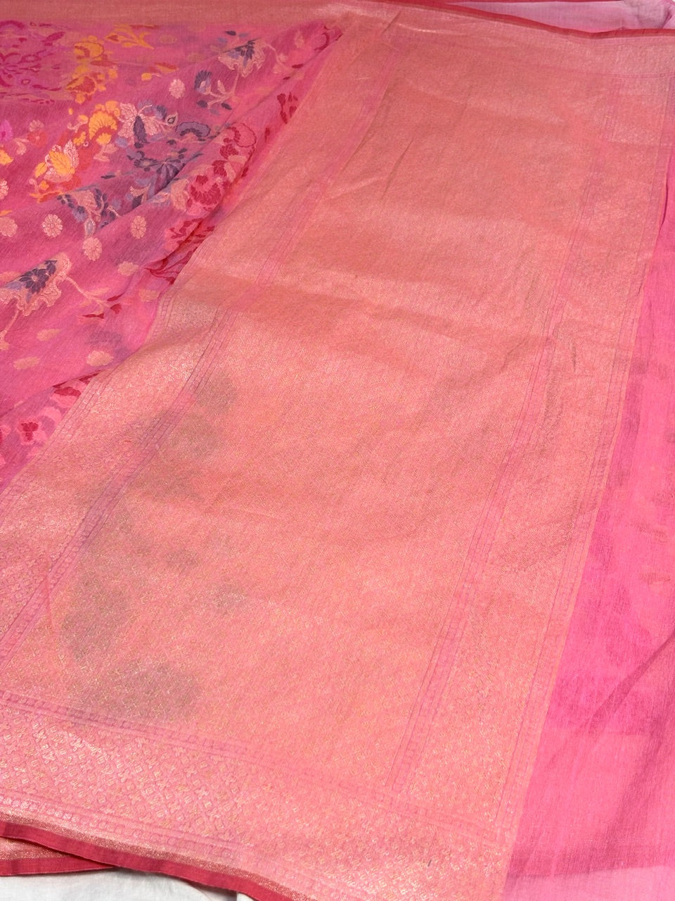 Rose Pink Banarasi cotton Jamdani handloom Saree