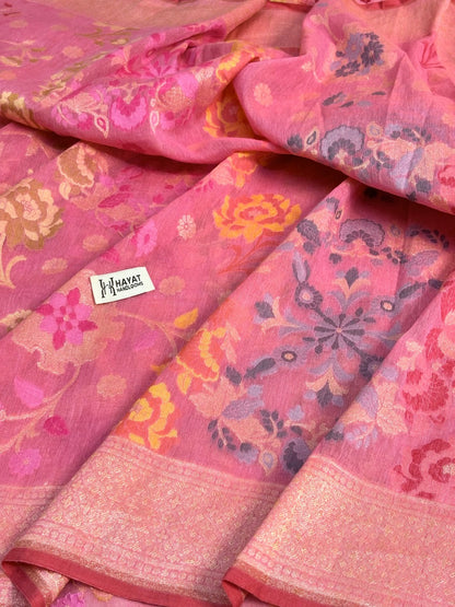 Rose Pink Banarasi cotton Jamdani handloom Saree
