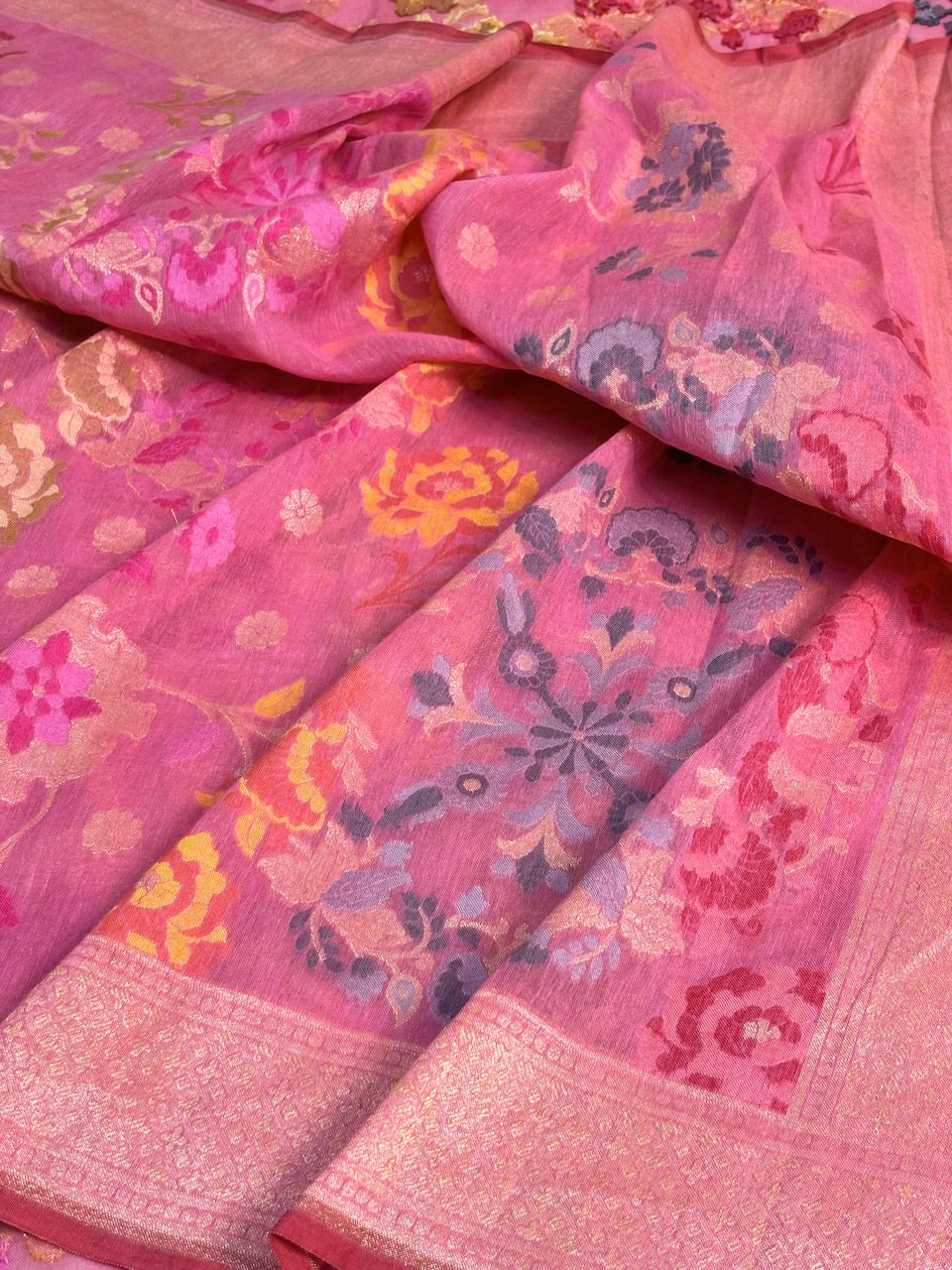 Rose Pink Banarasi cotton Jamdani handloom Saree
