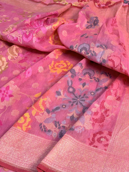 Rose Pink Banarasi cotton Jamdani handloom Saree