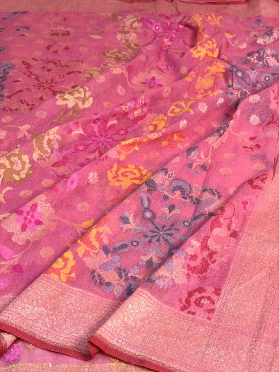 Rose Pink Banarasi cotton Jamdani handloom Saree