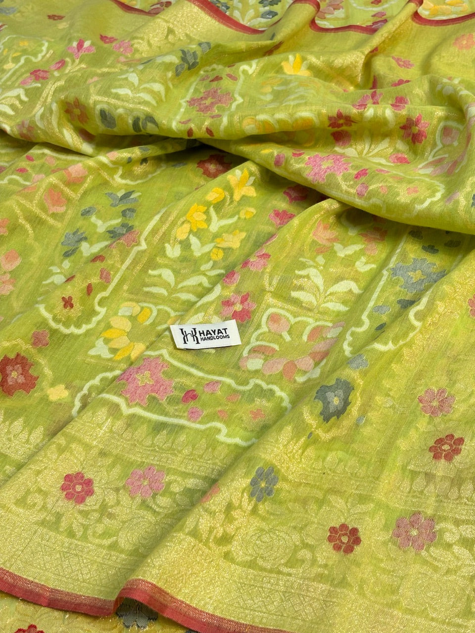 Light Olive Green Banarasi cotton Jamdani handloom Saree