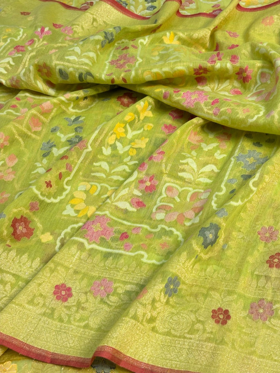 Light Olive Green Banarasi cotton Jamdani handloom Saree