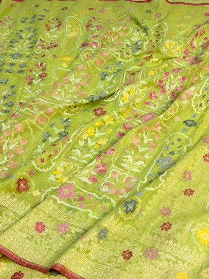 Light Olive Green Banarasi cotton Jamdani handloom Saree