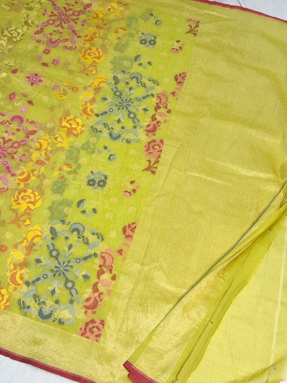 Light Yellow Green Banarasi cotton Jamdani handloom Saree