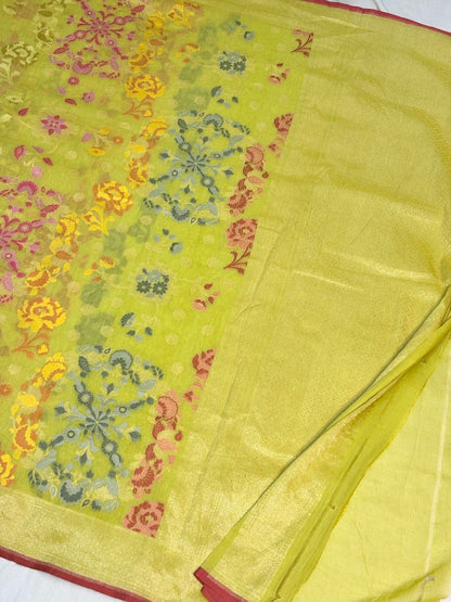 Light Yellow Green Banarasi cotton Jamdani handloom Saree