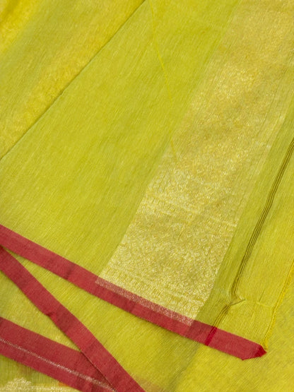 Light Yellow Green Banarasi cotton Jamdani handloom Saree