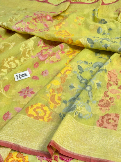 Light Yellow Green Banarasi cotton Jamdani handloom Saree