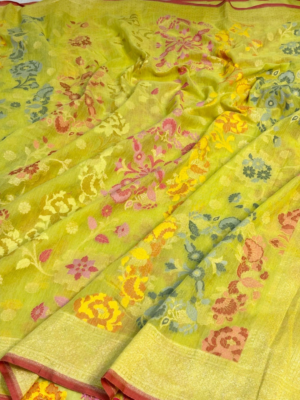 Light Yellow Green Banarasi cotton Jamdani handloom Saree