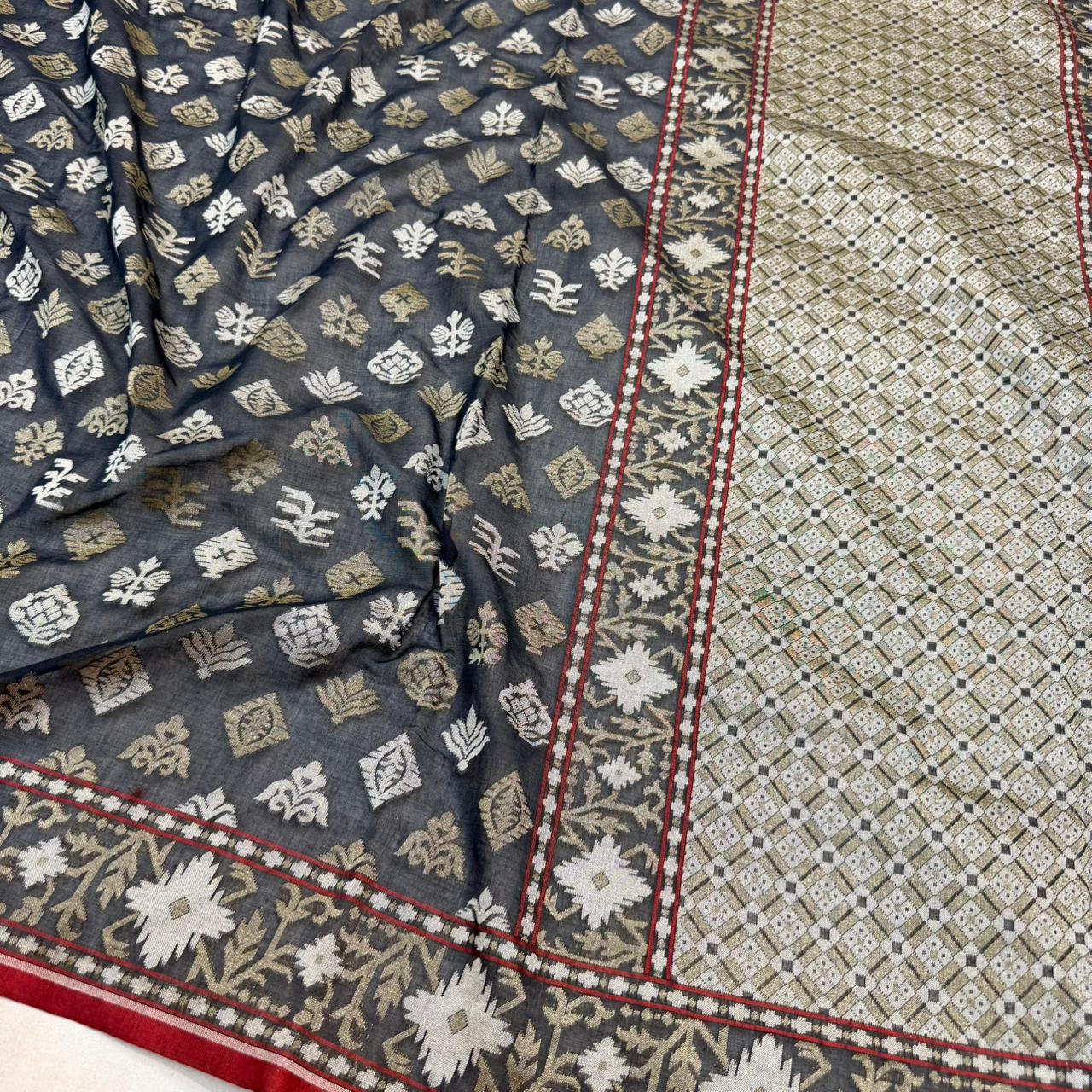 Pure Cotton Ektara Jamdani Cutwork Banarasi Saree