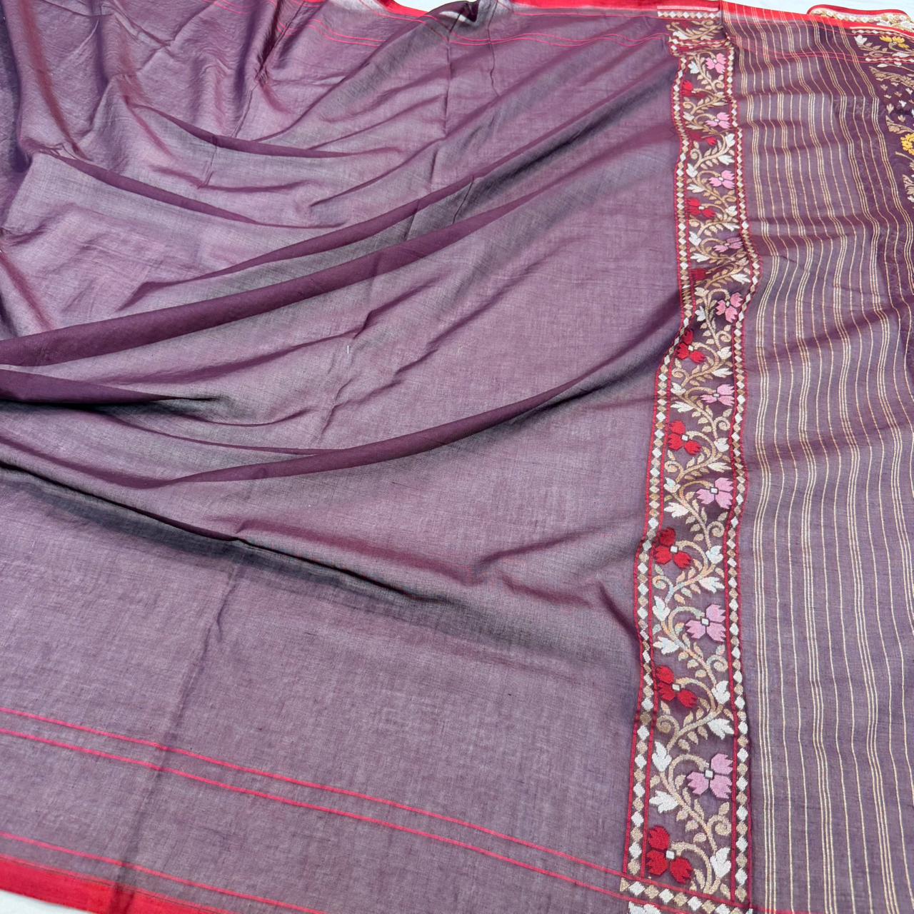 Pure Cotton Ektara Tilfi Cutwork Jamdani Banarasi Saree