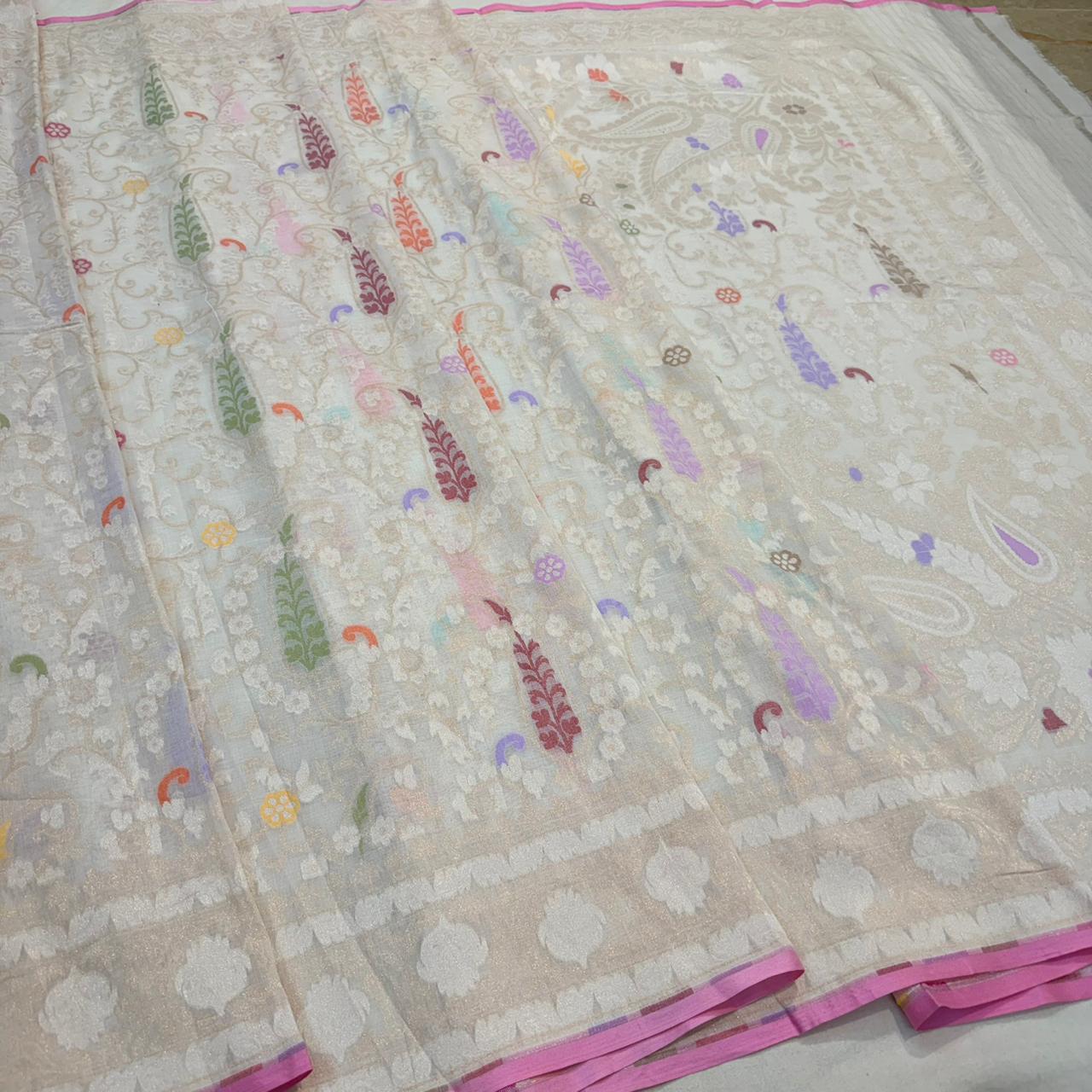 Pure Cotton Ektara Tilfi Cutwork Jamdani Banarasi Saree