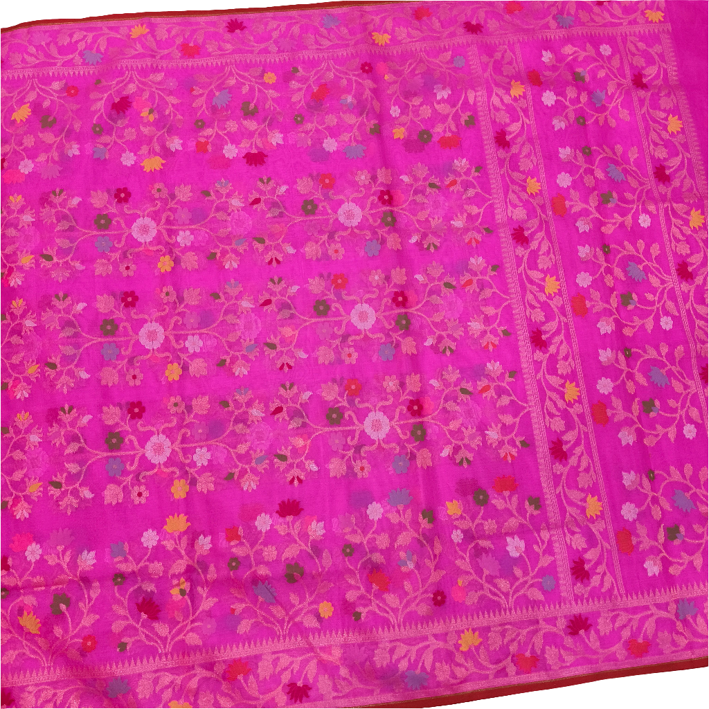 Dark pink pure kora silk ektara tilfi jamdani cutwork jaal banarasi saree