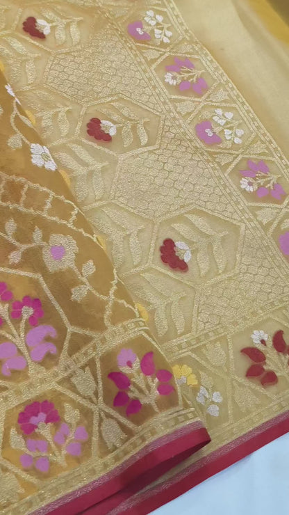 Pure Kora Silk Ektara Tilfi Cutwork Jamdani Banarasi Saree