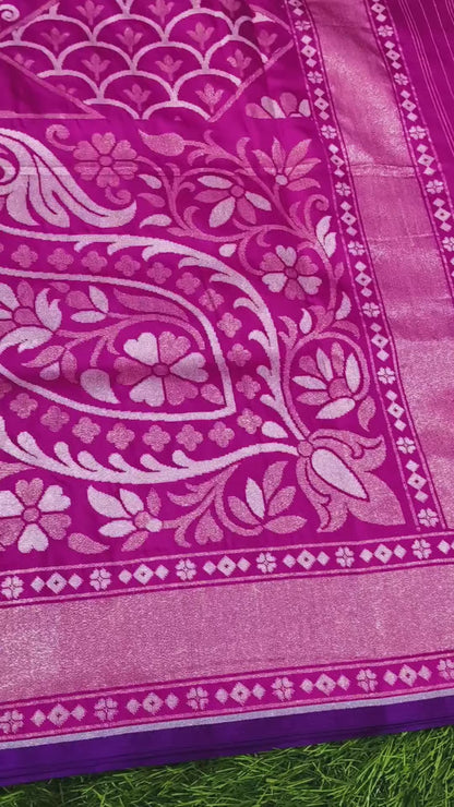 Dark pink pure katan silk ektara jamdani cutwork jaal banarasi saree