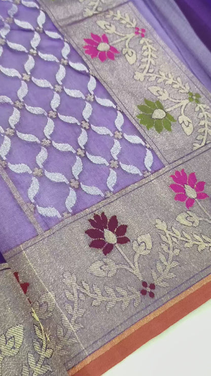 Pure Kora Silk Ektara Tilfi Cutwork Jamdani Banarasi Saree