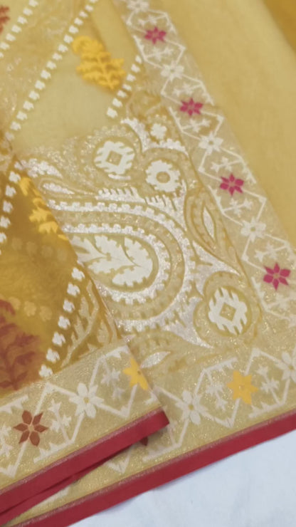 Pure Kora Silk Ektara Tilfi Cutwork Jamdani Banarasi Saree