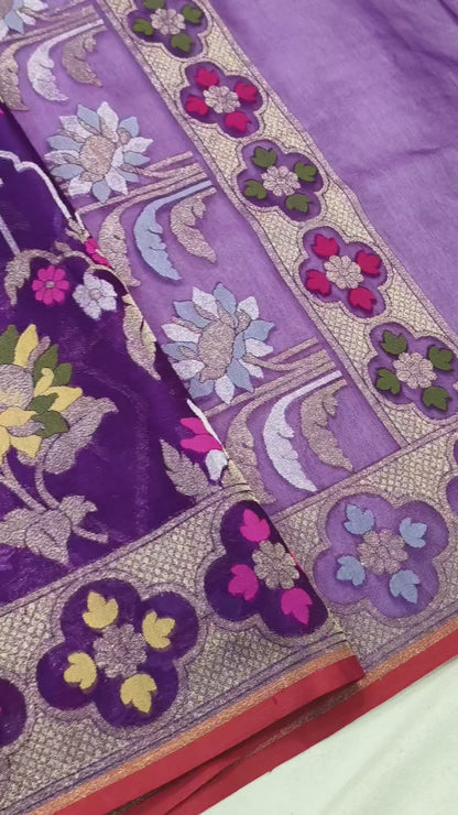 Pure Kora Silk Ektara Tilfi Cutwork Jamdani Banarasi Saree