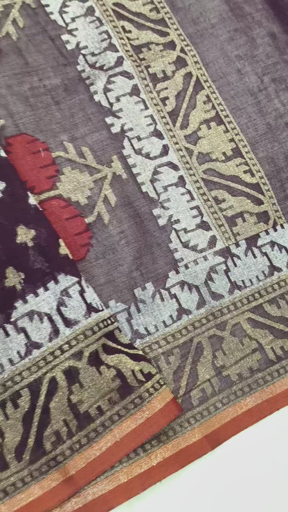 Pure Cotton Ektara Tilfi Cutwork Jamdani Banarasi Saree