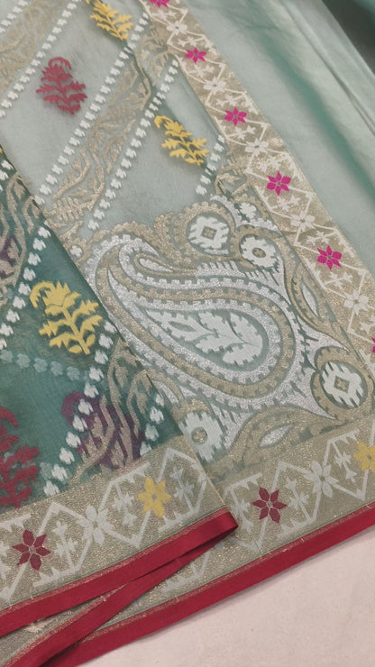 Pure Kora Silk Ektara Tilfi Cutwork Jamdani Banarasi Saree