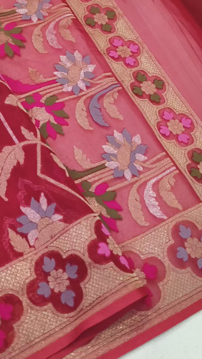 Pure Kora Silk Ektara Tilfi Cutwork Jamdani Banarasi Saree
