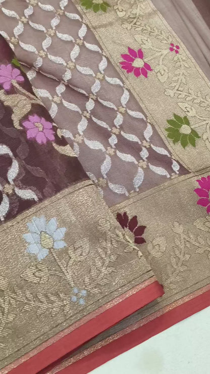 Pure Kora Silk Ektara Tilfi Cutwork Jamdani Banarasi Saree