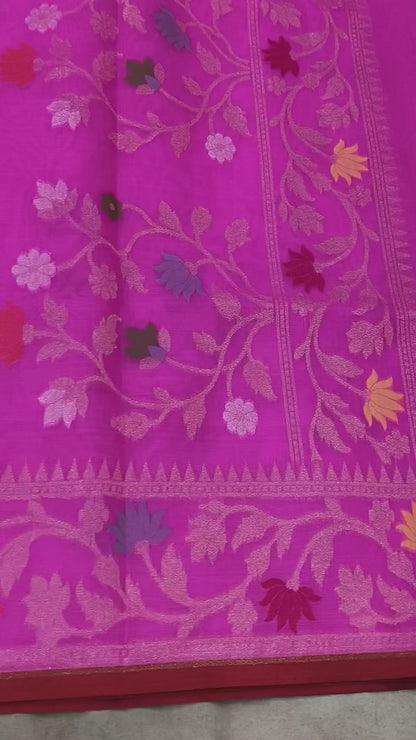 Dark pink pure kora silk ektara tilfi jamdani cutwork jaal banarasi saree