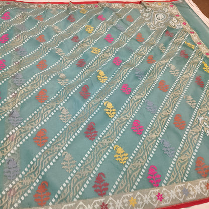 Pure Kora Silk Ektara Tilfi Cutwork Jamdani Banarasi Saree