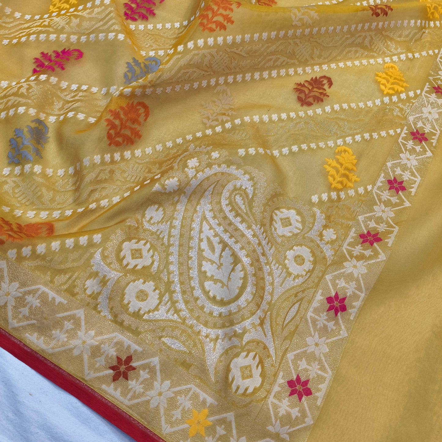 Pure Kora Silk Ektara Tilfi Cutwork Jamdani Banarasi Saree