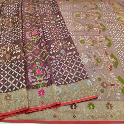 Pure Kora Silk Ektara Tilfi Cutwork Jamdani Banarasi Saree