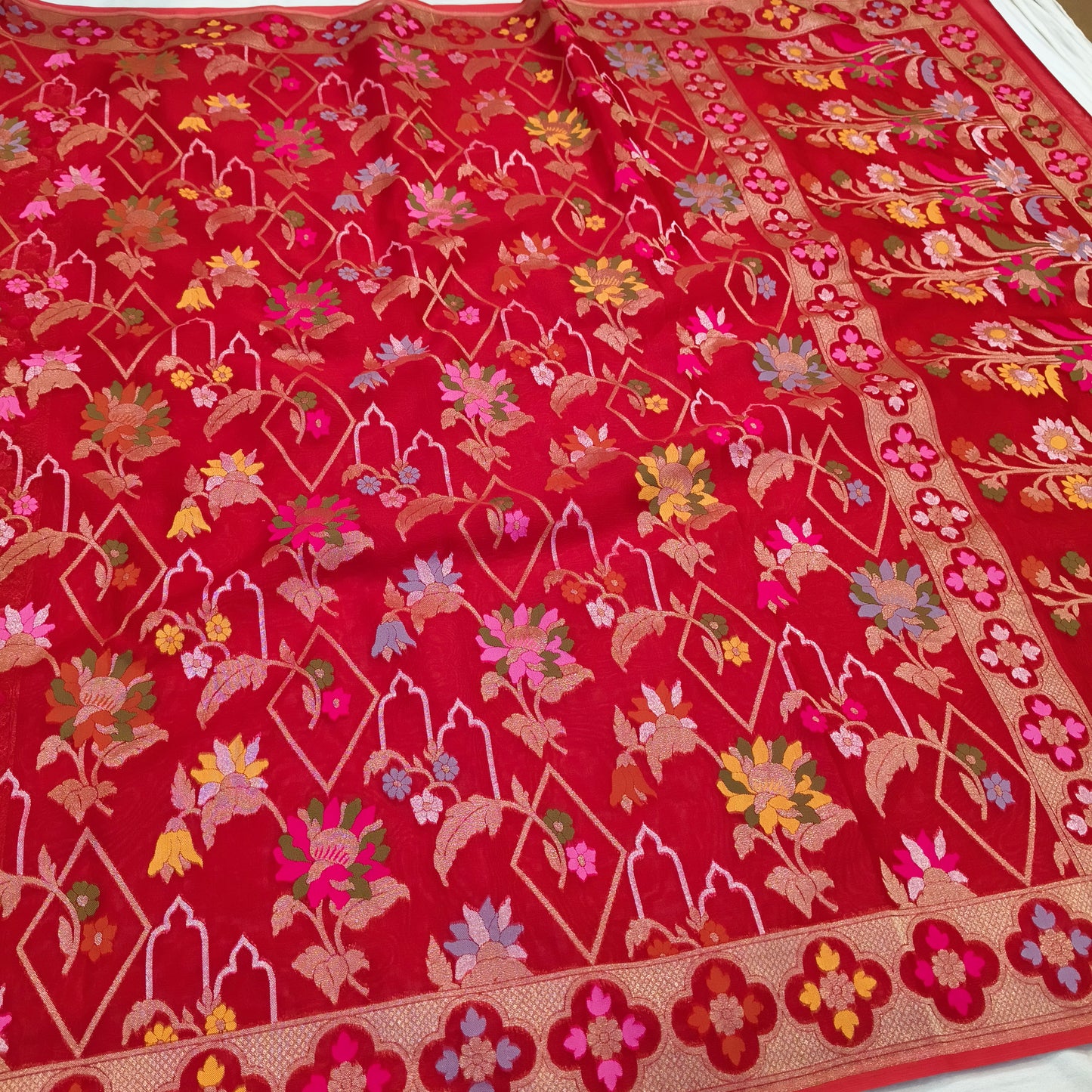 Pure Kora Silk Ektara Tilfi Cutwork Jamdani Banarasi Saree