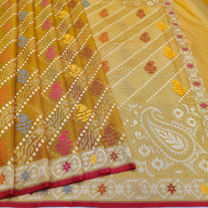 Pure Kora Silk Ektara Tilfi Cutwork Jamdani Banarasi Saree