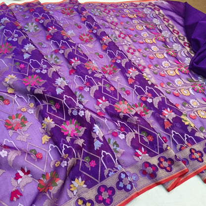 Pure Kora Silk Ektara Tilfi Cutwork Jamdani Banarasi Saree