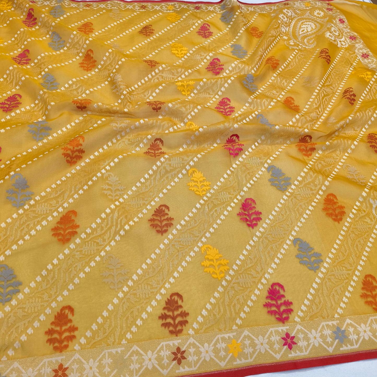 Pure Kora Silk Ektara Tilfi Cutwork Jamdani Banarasi Saree