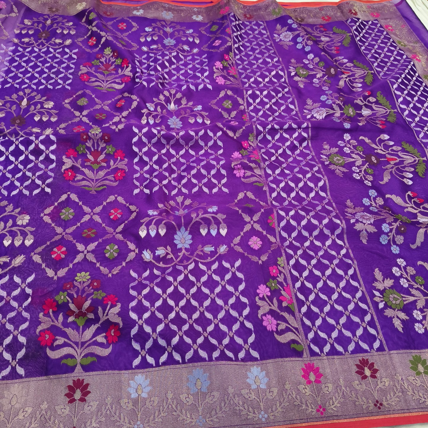 Pure Kora Silk Ektara Tilfi Cutwork Jamdani Banarasi Saree