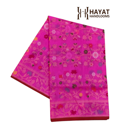 Dark pink pure kora silk ektara tilfi jamdani cutwork jaal banarasi saree