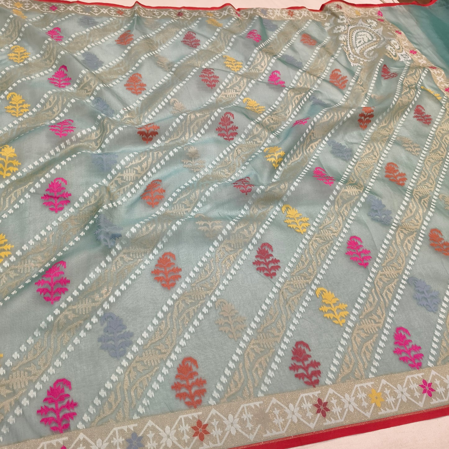 Pure Kora Silk Ektara Tilfi Cutwork Jamdani Banarasi Saree