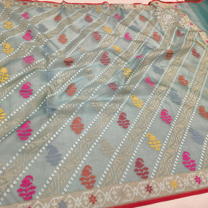 Pure Kora Silk Ektara Tilfi Cutwork Jamdani Banarasi Saree