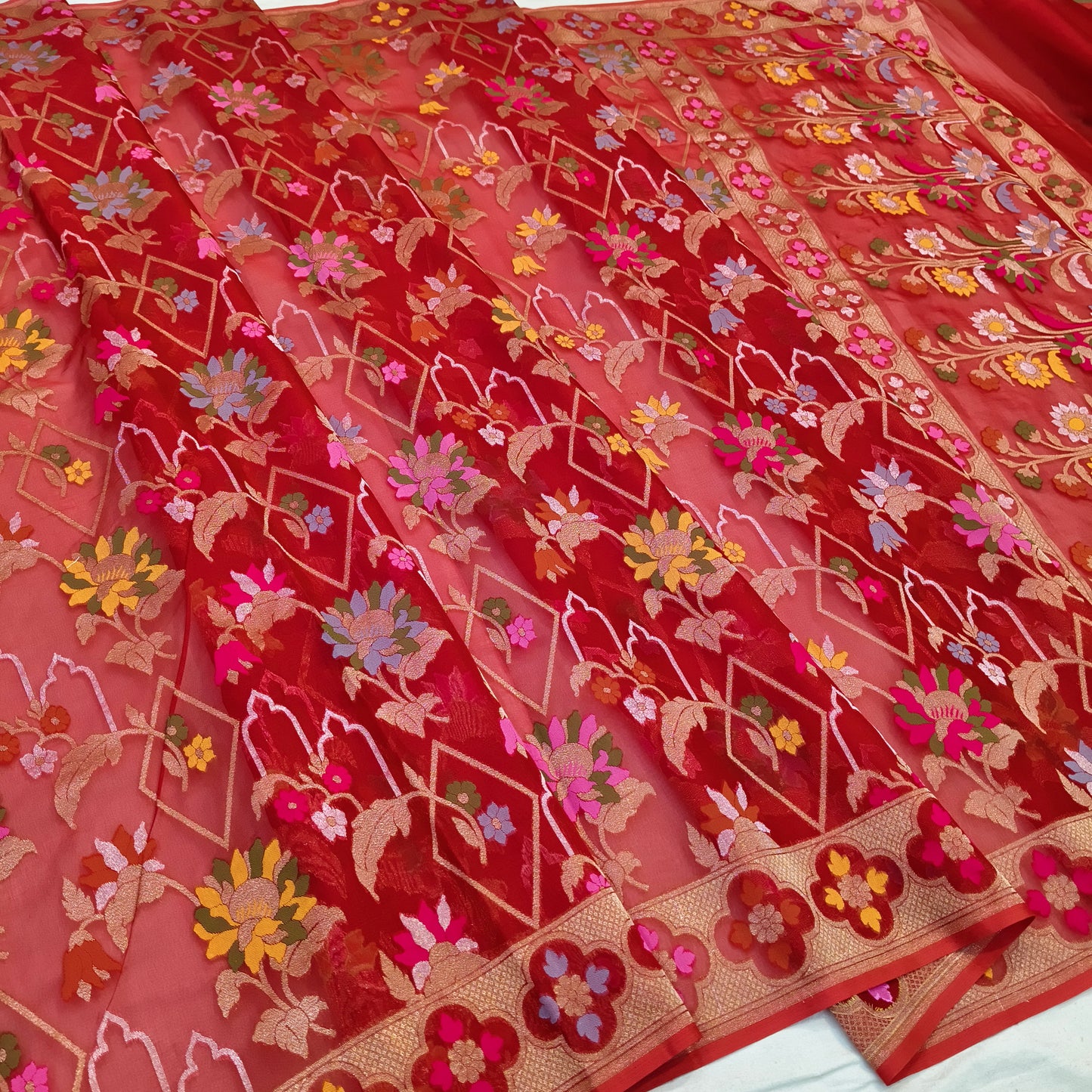 Pure Kora Silk Ektara Tilfi Cutwork Jamdani Banarasi Saree