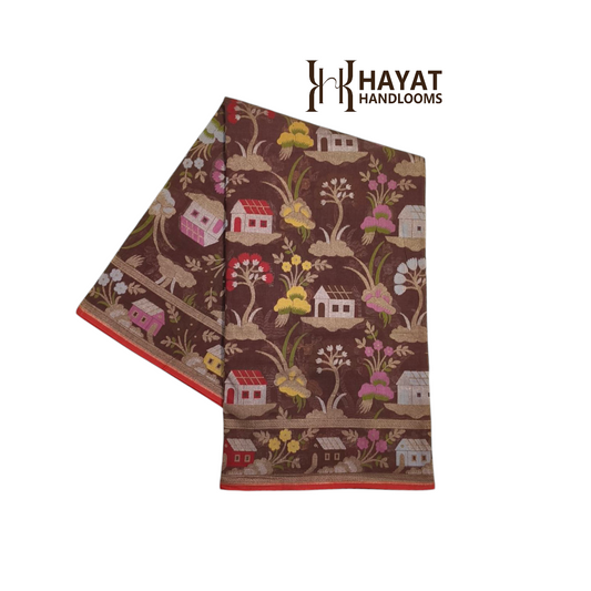 Brown pure cotton ektara tilfi jamdani cutwork jaal banarasi saree