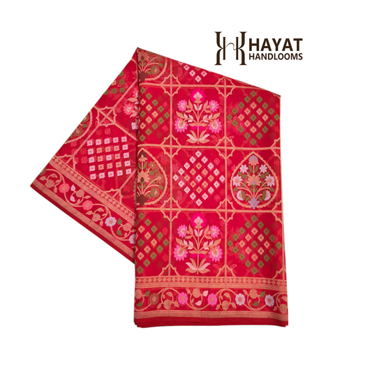 Red pure kora silk tilfi jamdani cutwork banarasi saree