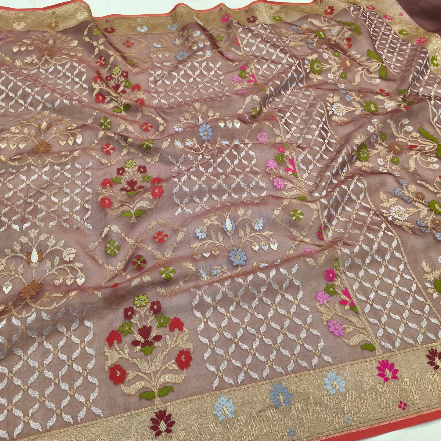 Pure Kora Silk Ektara Tilfi Cutwork Jamdani Banarasi Saree