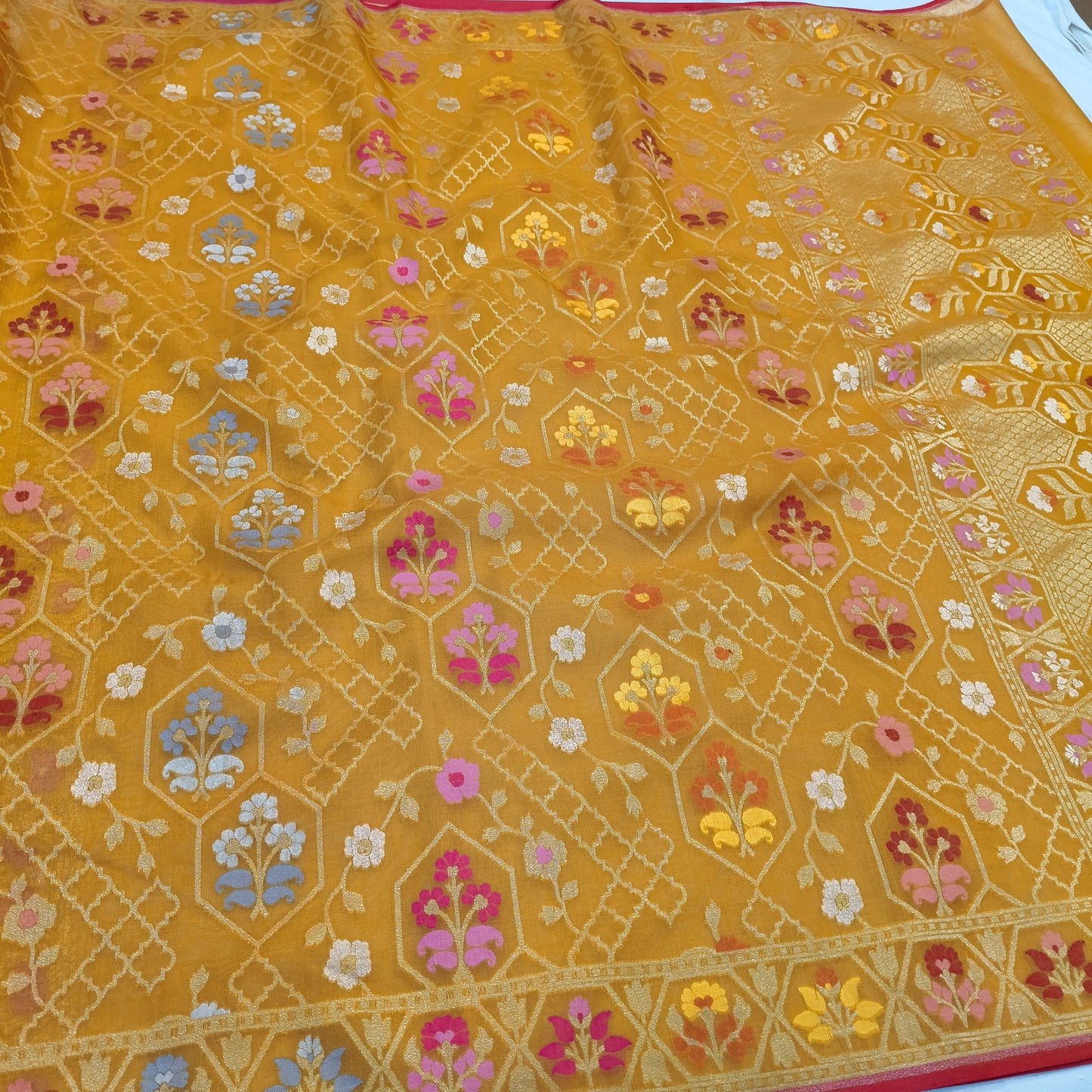 Pure Kora Silk Ektara Tilfi Cutwork Jamdani Banarasi Saree