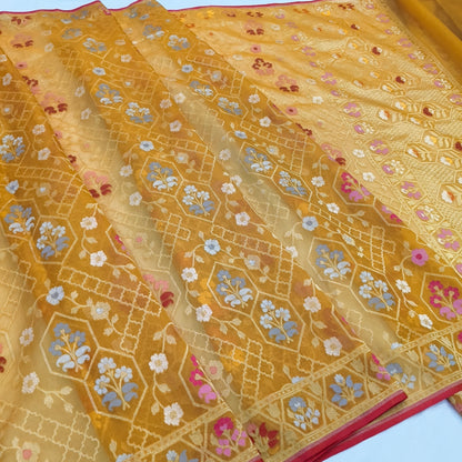 Pure Kora Silk Ektara Tilfi Cutwork Jamdani Banarasi Saree