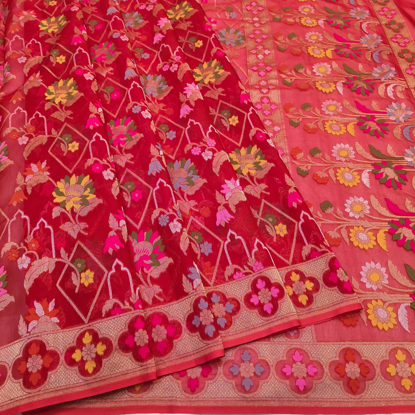 Pure Kora Silk Ektara Tilfi Cutwork Jamdani Banarasi Saree
