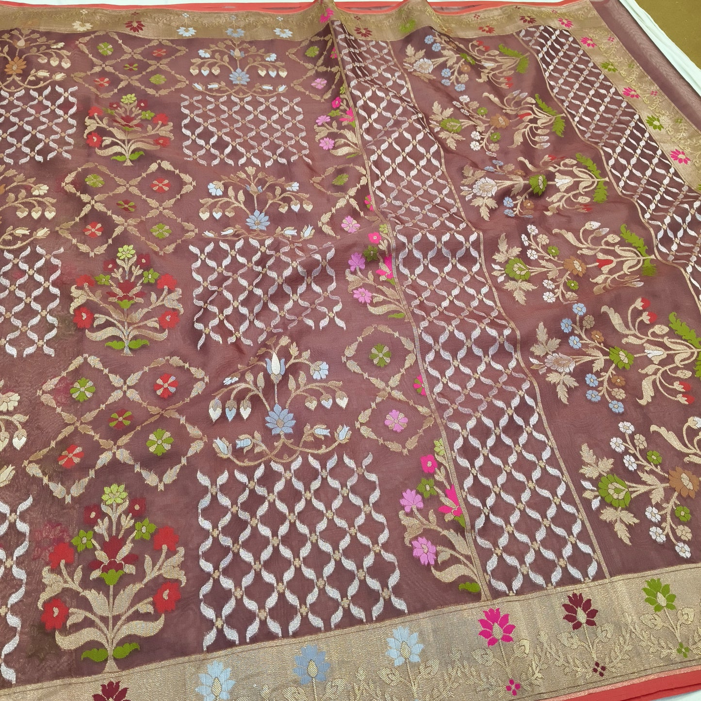 Pure Kora Silk Ektara Tilfi Cutwork Jamdani Banarasi Saree