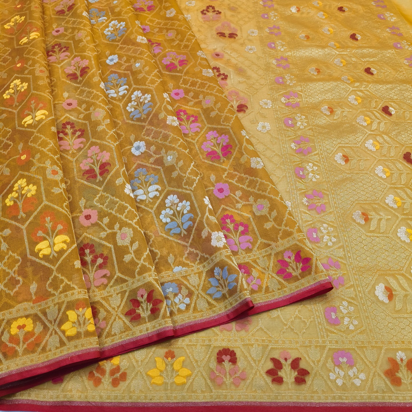 Pure Kora Silk Ektara Tilfi Cutwork Jamdani Banarasi Saree