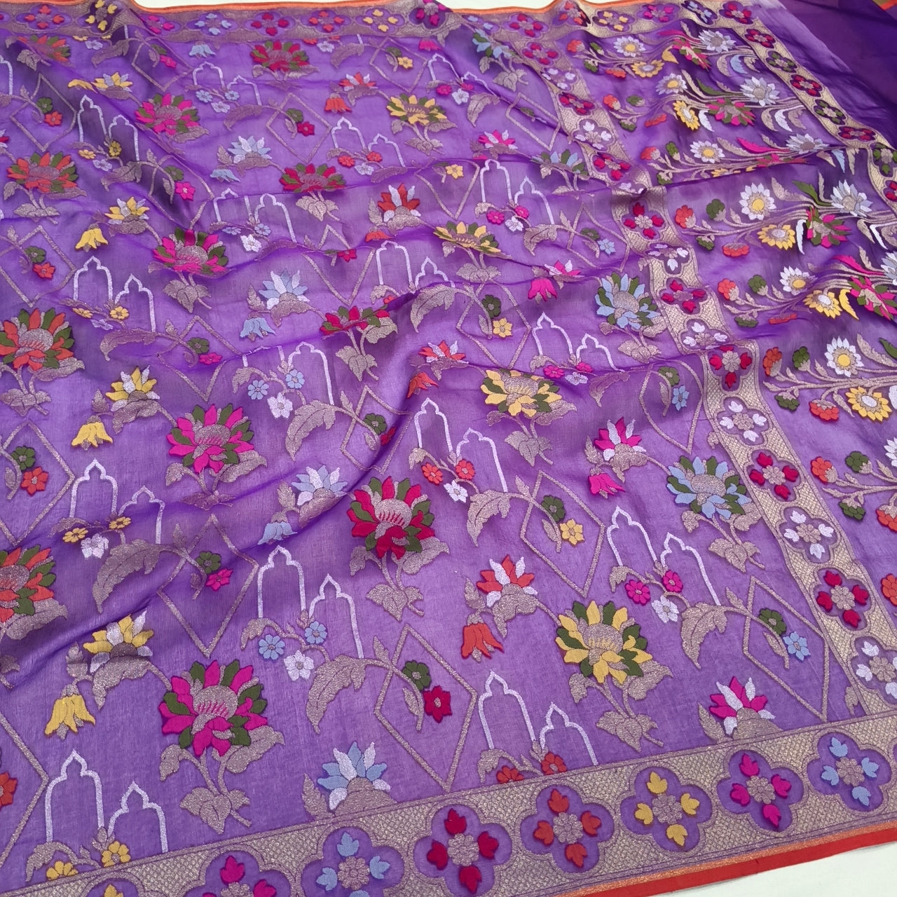 Pure Kora Silk Ektara Tilfi Cutwork Jamdani Banarasi Saree