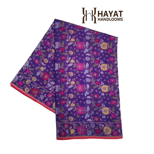 Purple pure cotton ektara tilfi jamdani cutwork jaal banarasi saree